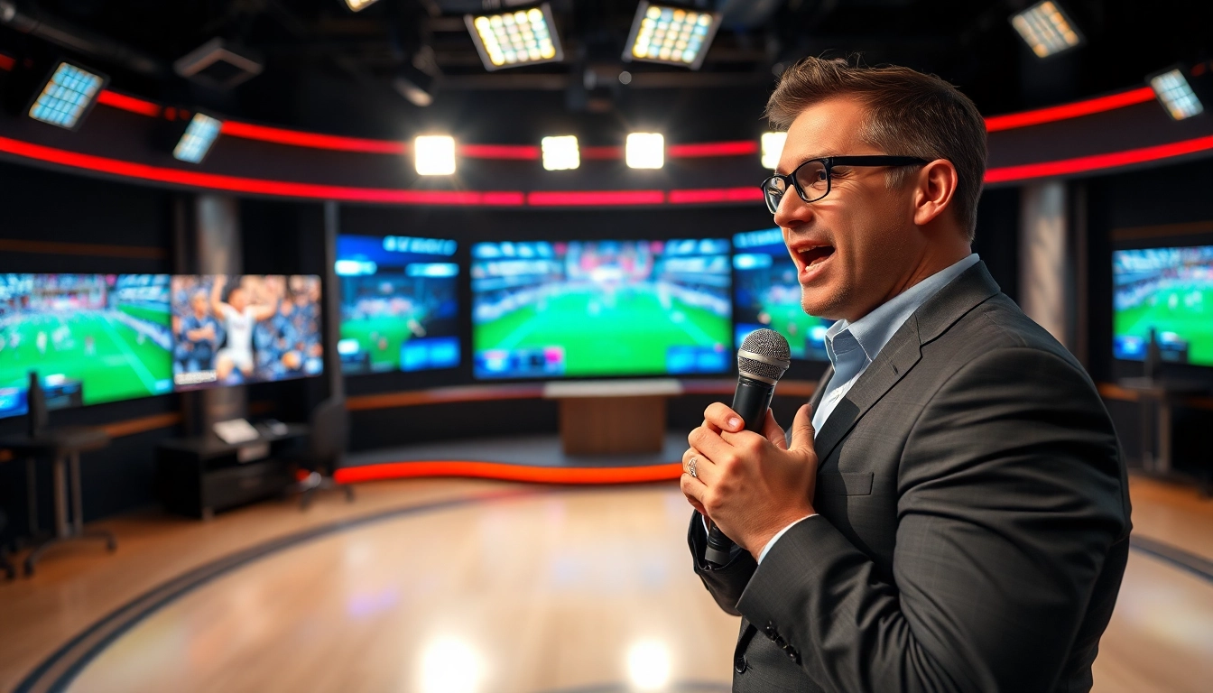 Engaging sports broadcasting studio featuring a dynamic sportscaster delivering live commentary.