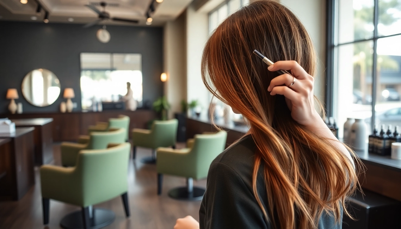 Stylish interior of Omnia Salon featuring expert hairstylist applying highlights, showcasing the addendum salon experience in San Diego.