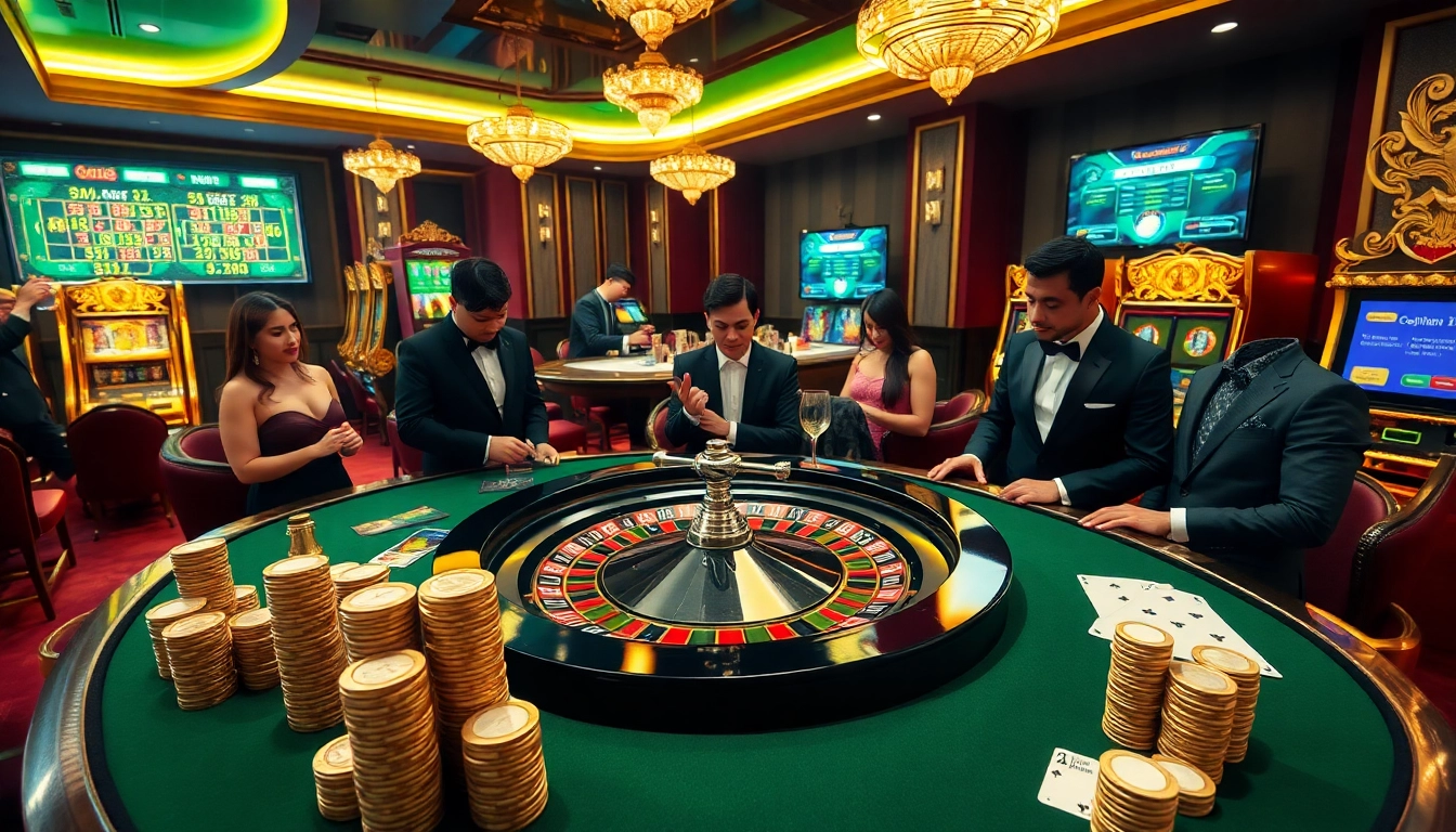 Excited players gather around a roulette table at https://www.jun88.org/, showcasing a vibrant casino atmosphere with chips and cards.