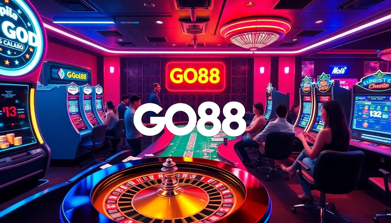 Players enjoying an exciting game session at GO88 online casino, featuring vibrant tables and slot machines.