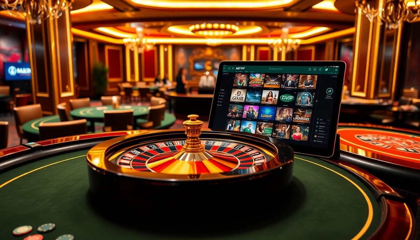 Players make bets at a luxurious casino setup featuring ABCVIP gaming experiences, chips, and roulette.