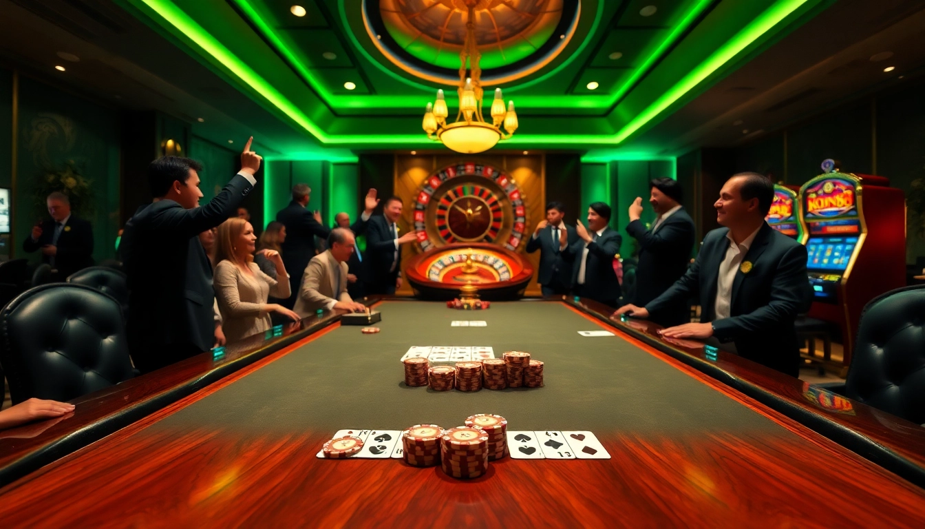 KONG88 enhances the thrill of a casino poker game with vibrant chips and a roulette wheel.