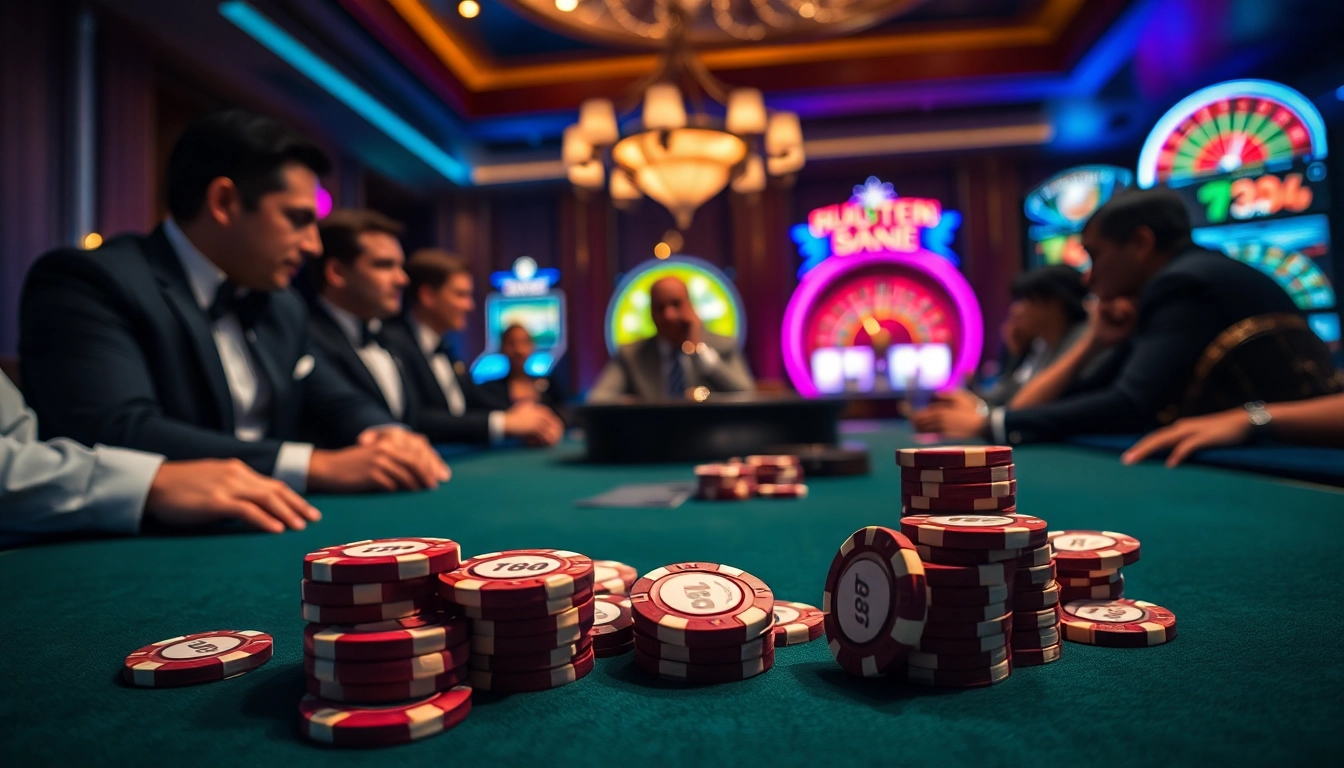 Engaging poker players enjoying a high-stakes game, highlighting tt88 chips prominently.