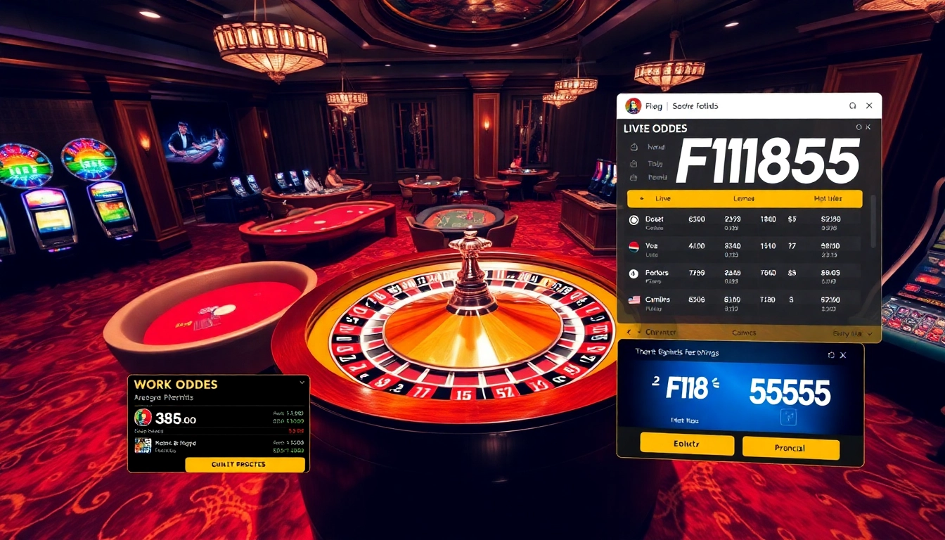 Experience the thrill of F168 55 with vibrant casino visuals showcasing roulette, poker tables, and slot machines.