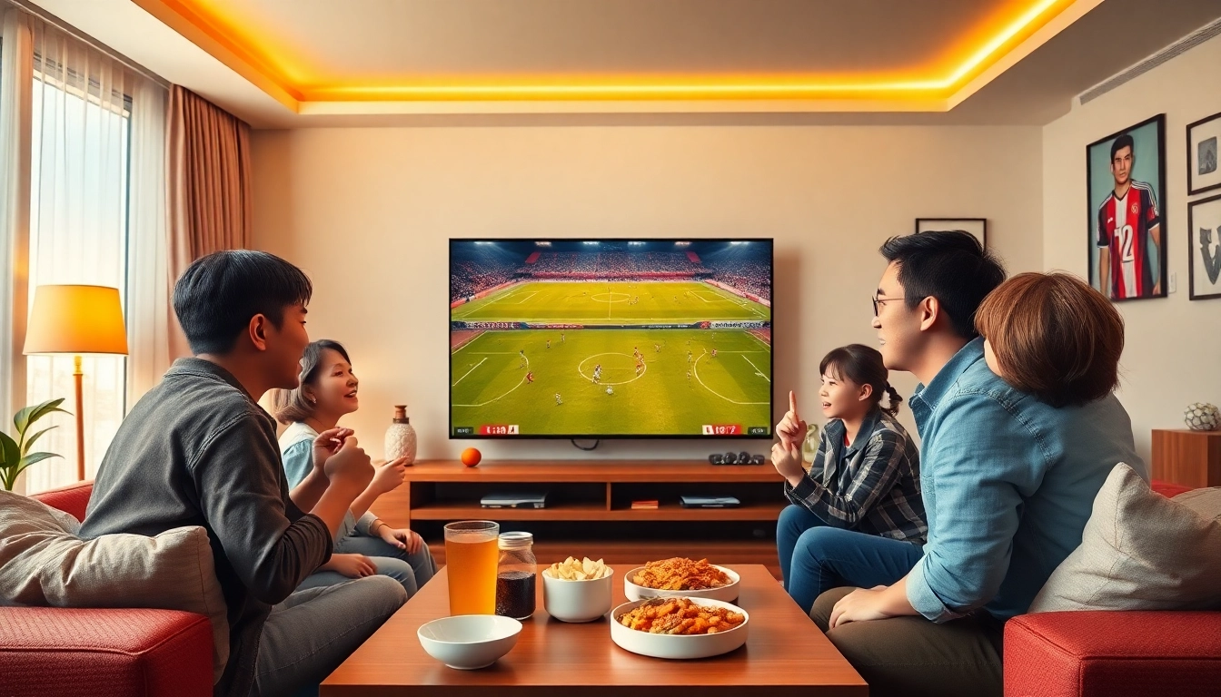 Family enjoying a live football match on Luong Son TV in a cozy living room, emphasizing excitement and togetherness.