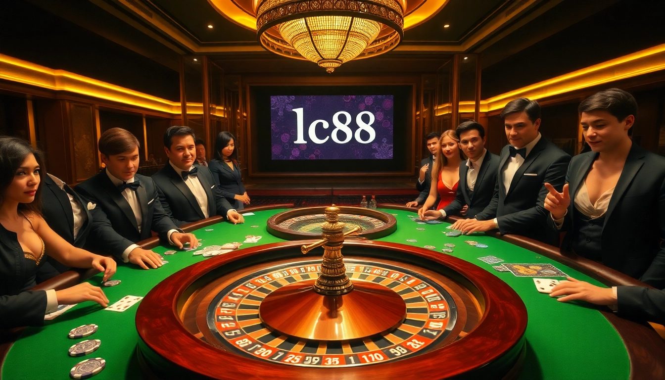 Experience the thrilling atmosphere of lc88 casino with a vibrant roulette wheel and enthusiastic players.