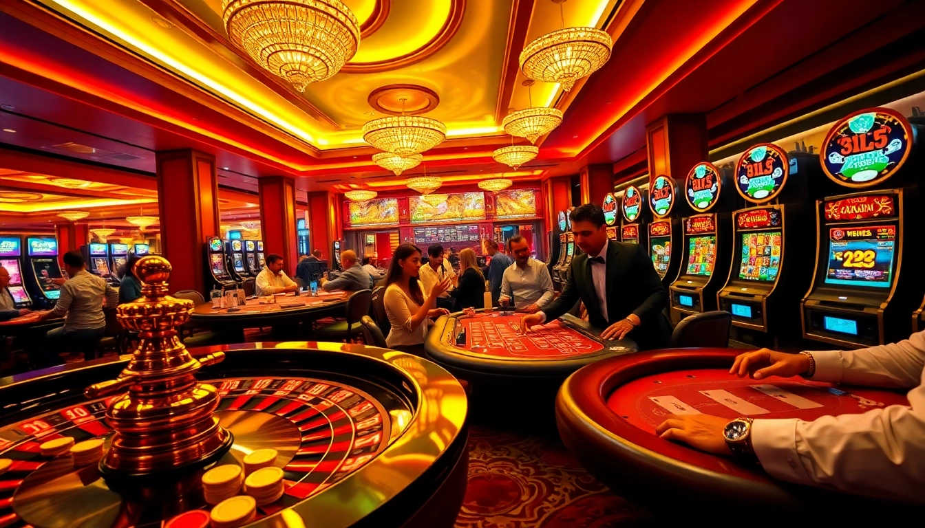 Experience the thrill at nhà cái UU88 with players engaging at roulette and poker tables in a luxurious casino scene.
