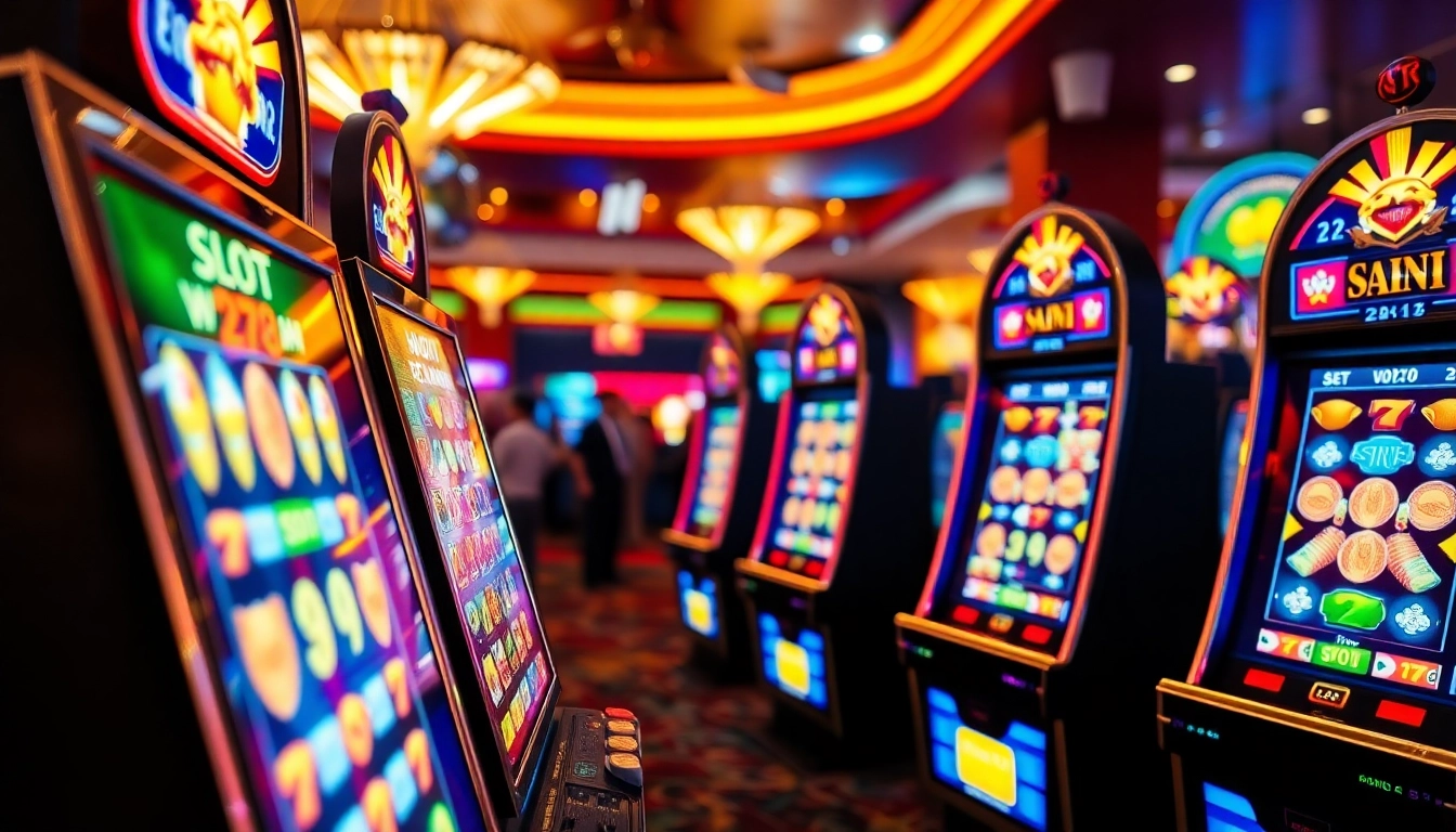 Pemain menikmati mesin Slot gacor dengan layar kemenangan yang bersemangat dalam suasana kasino yang meriah.