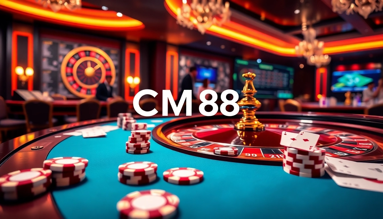 Experience excitement at the CM 88 casino, featuring an elegant roulette table and vibrant poker chips.