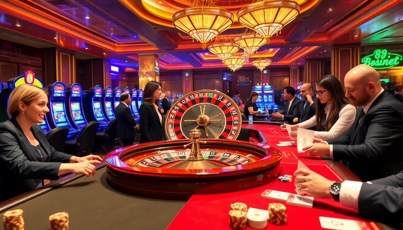 Experience the excitement of 8KBET with players enjoying a vibrant casino atmosphere and thrilling games.