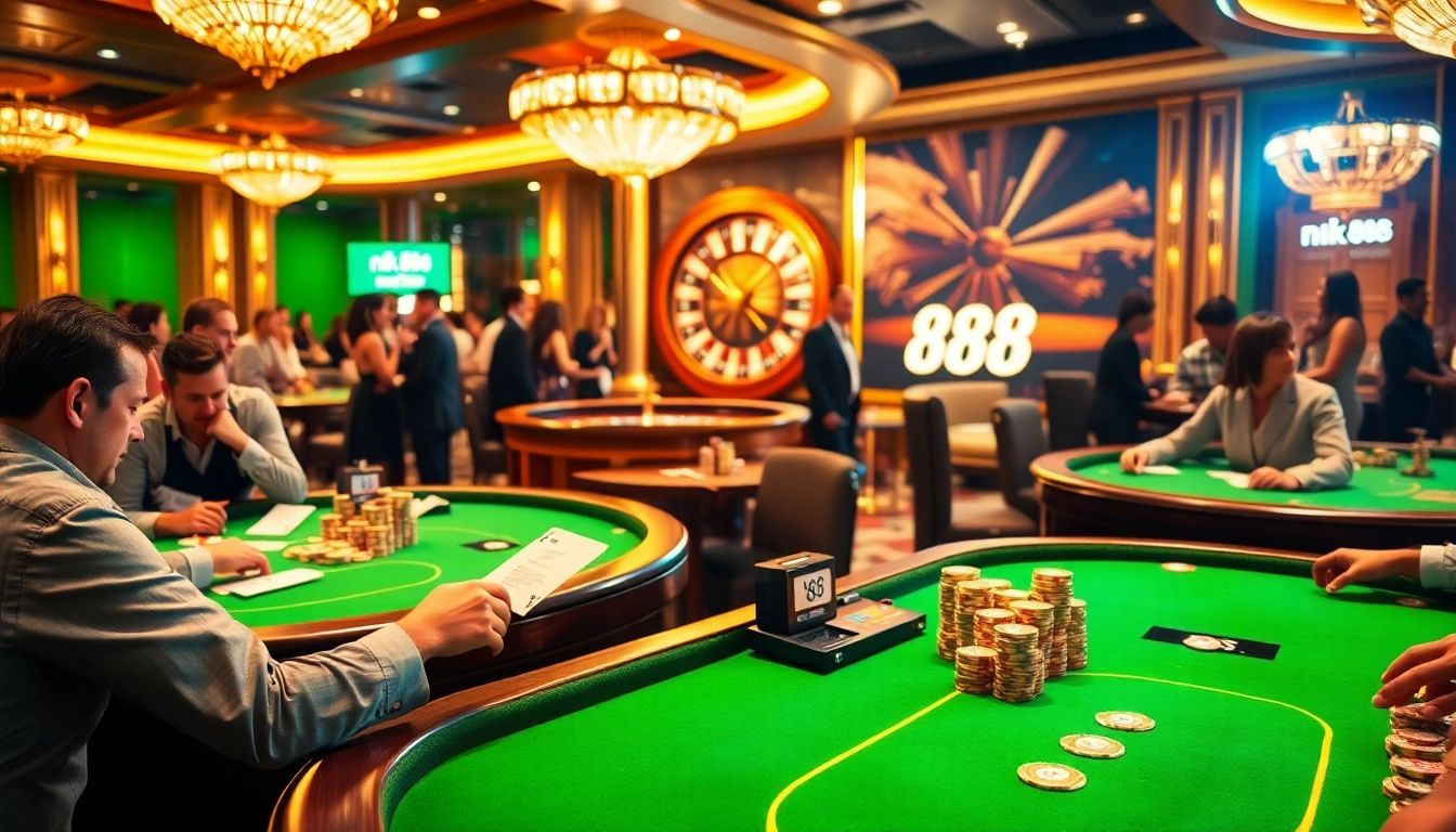 Experience the excitement of nk 88 with players enjoying a lively poker game and spinning roulette wheel.