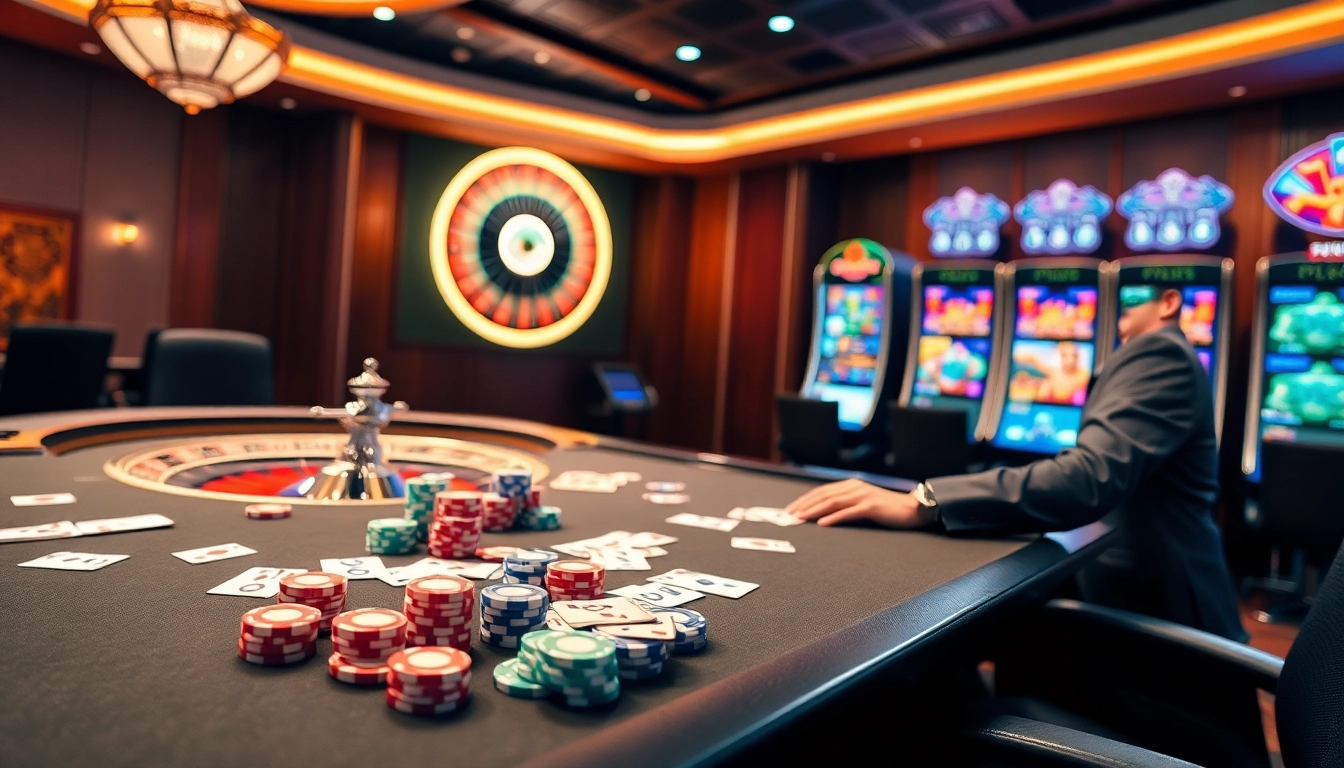 Gambling excitement at https://u8888.support/ with vibrant casino tables, chips, and a spinning roulette wheel.