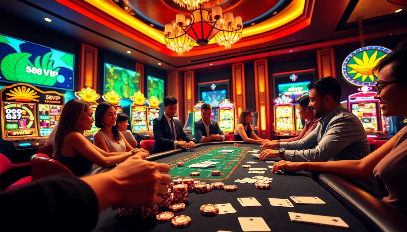 Exciting scene of players enjoying online gambling at 68VIP casino, featuring poker chips and slot machines.