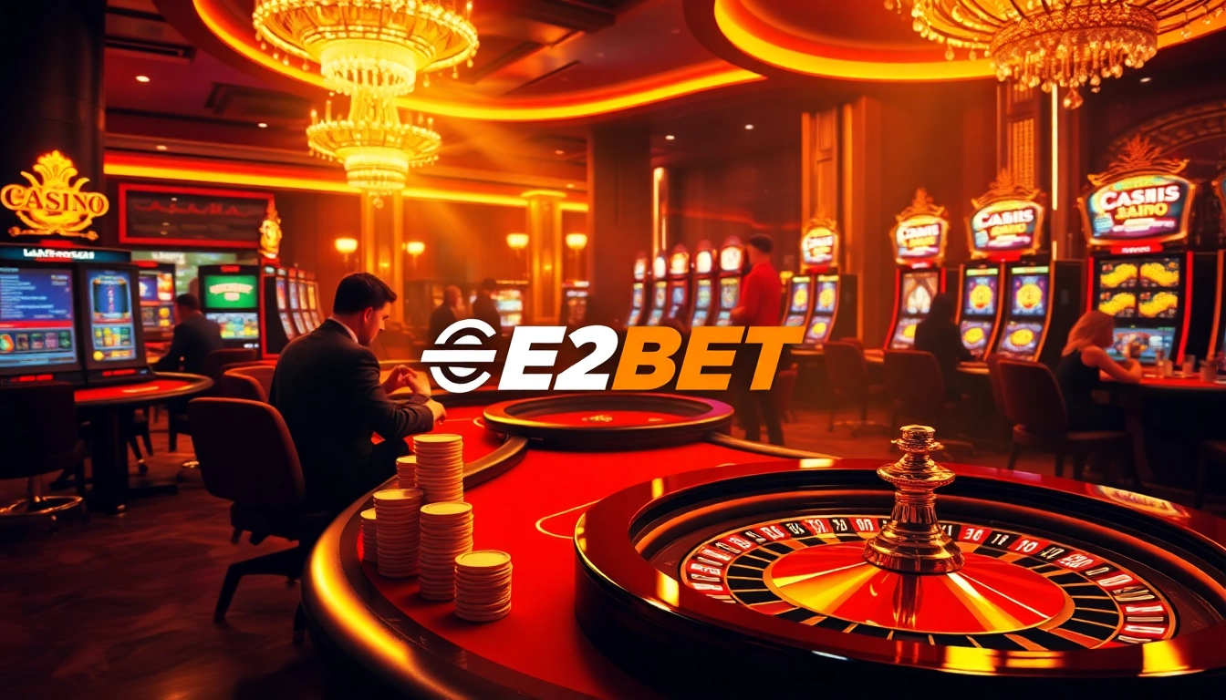 A thrilling online gambling scene at E2BET, featuring poker tables, roulette wheels, and slots.