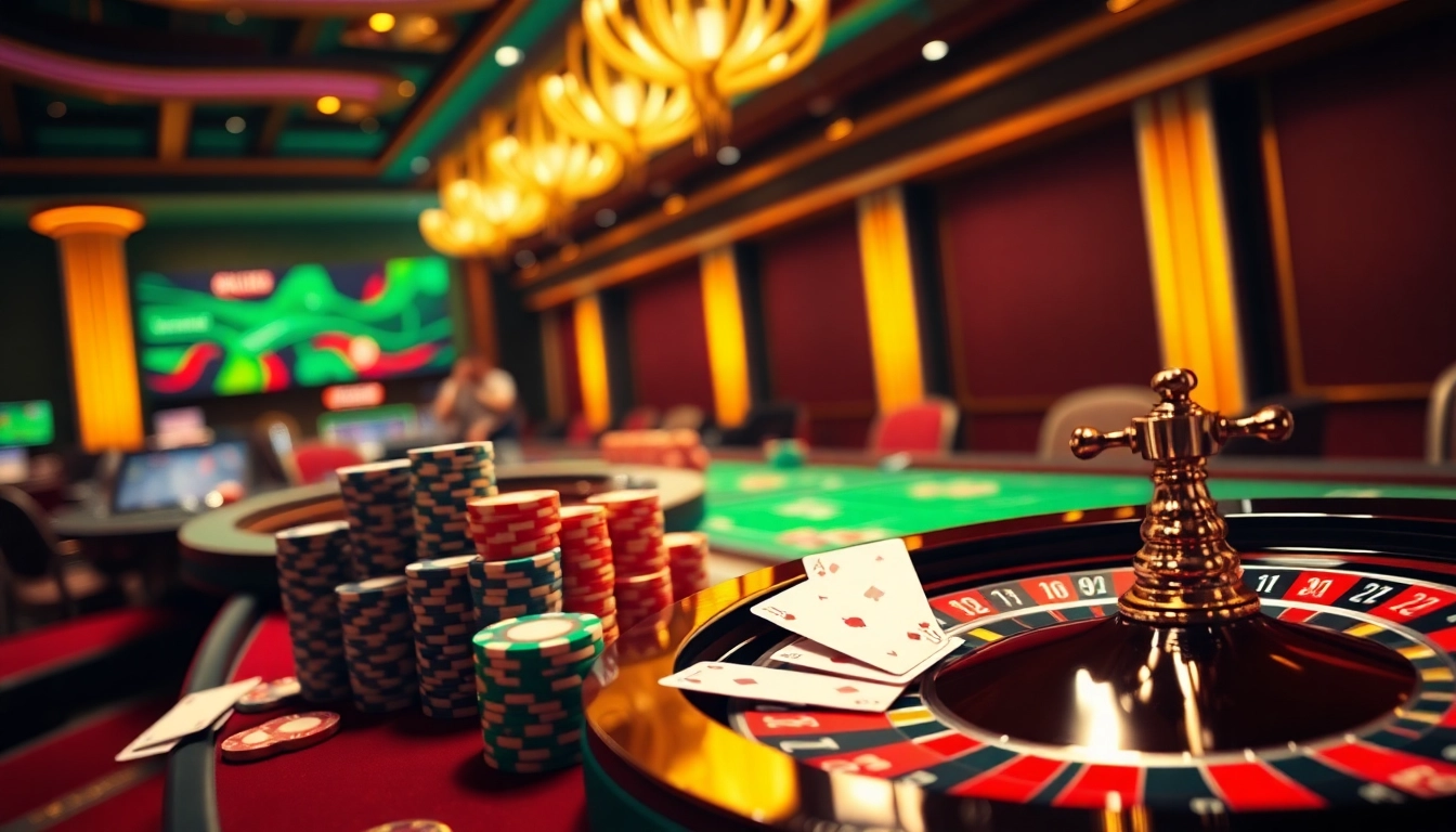 Players engaging with thrilling online games at ee88.com, featuring poker chips and a roulette wheel.