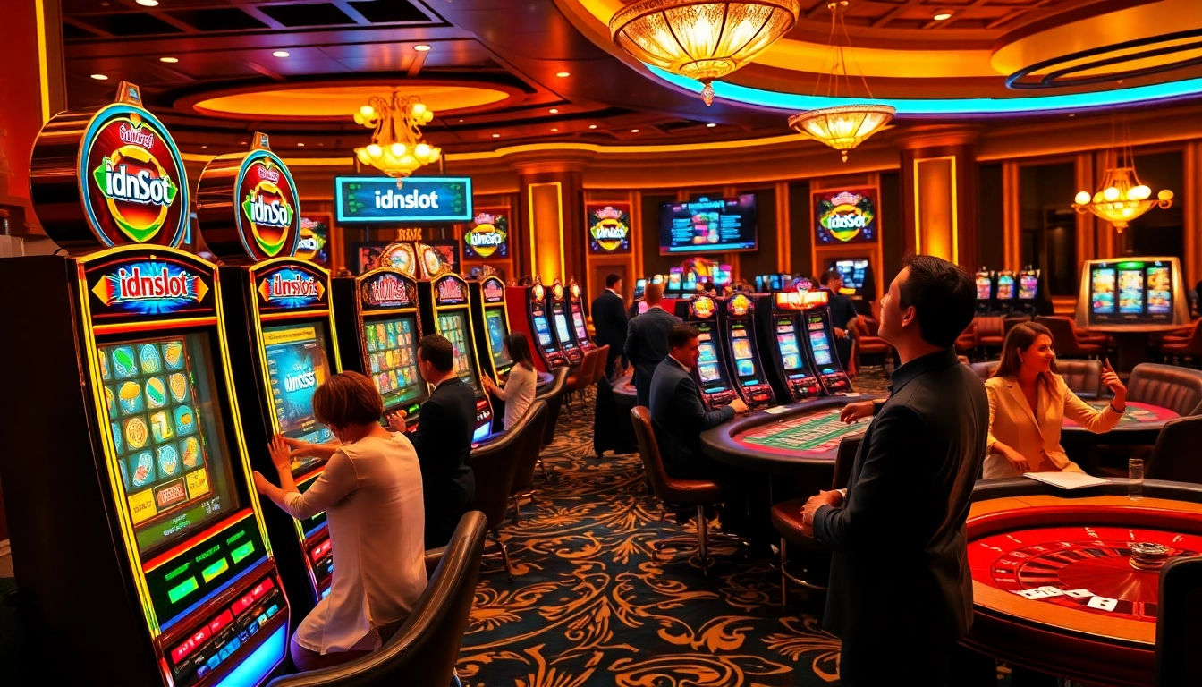 Excited gamblers enjoying a vibrant idnslot experience at a luxurious casino.