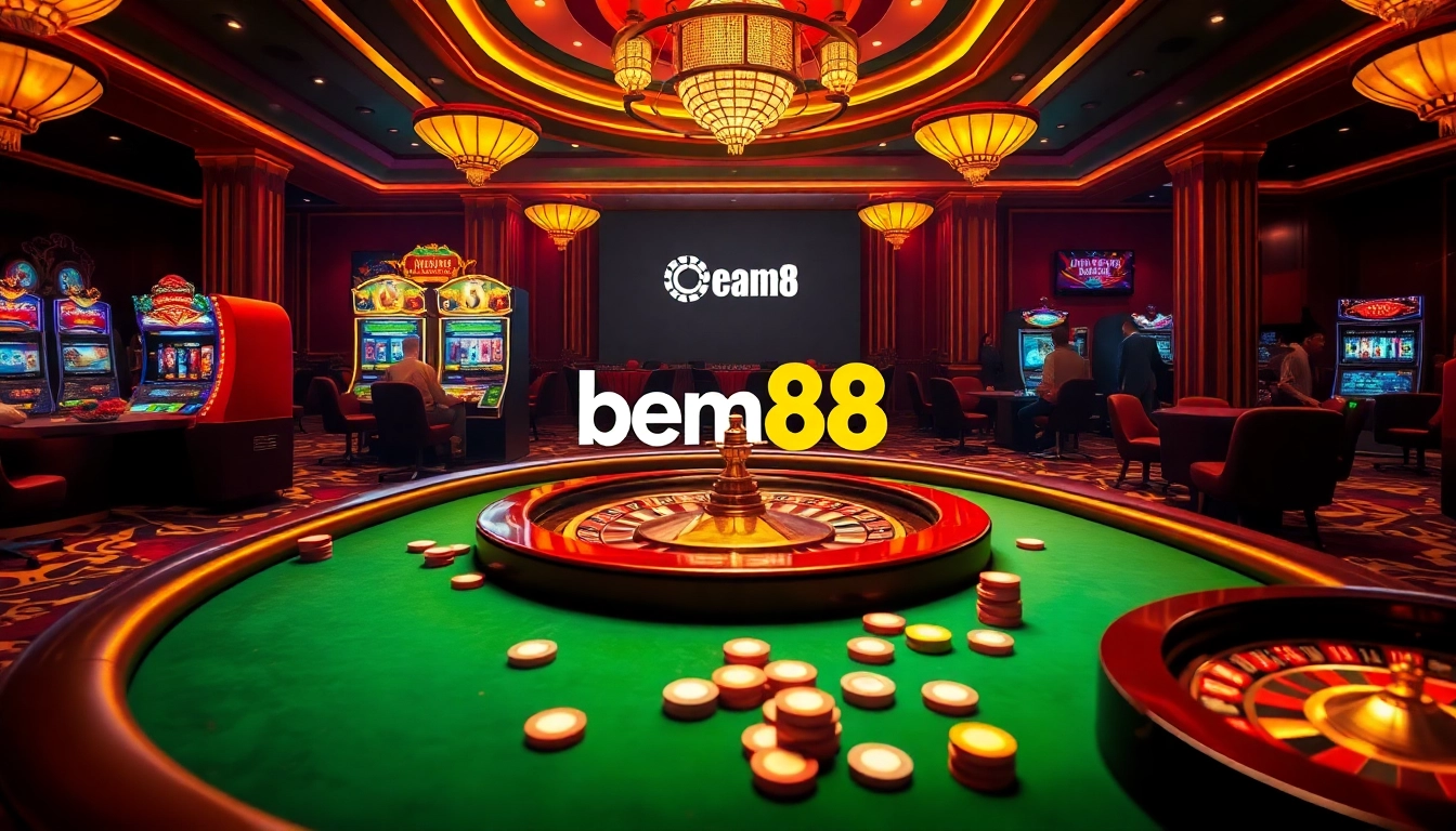 Experience the excitement of gambling at https://bem88.com with a vibrant casino scene showcasing tables and players.