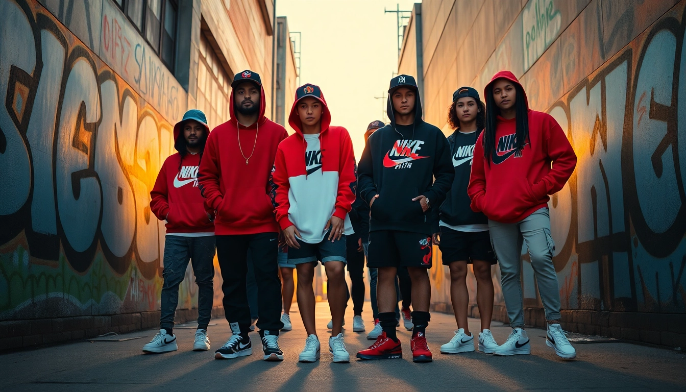 Fashionable individuals showcasing diverse streetwear clothes in an urban setting, highlighting vibrant styles.